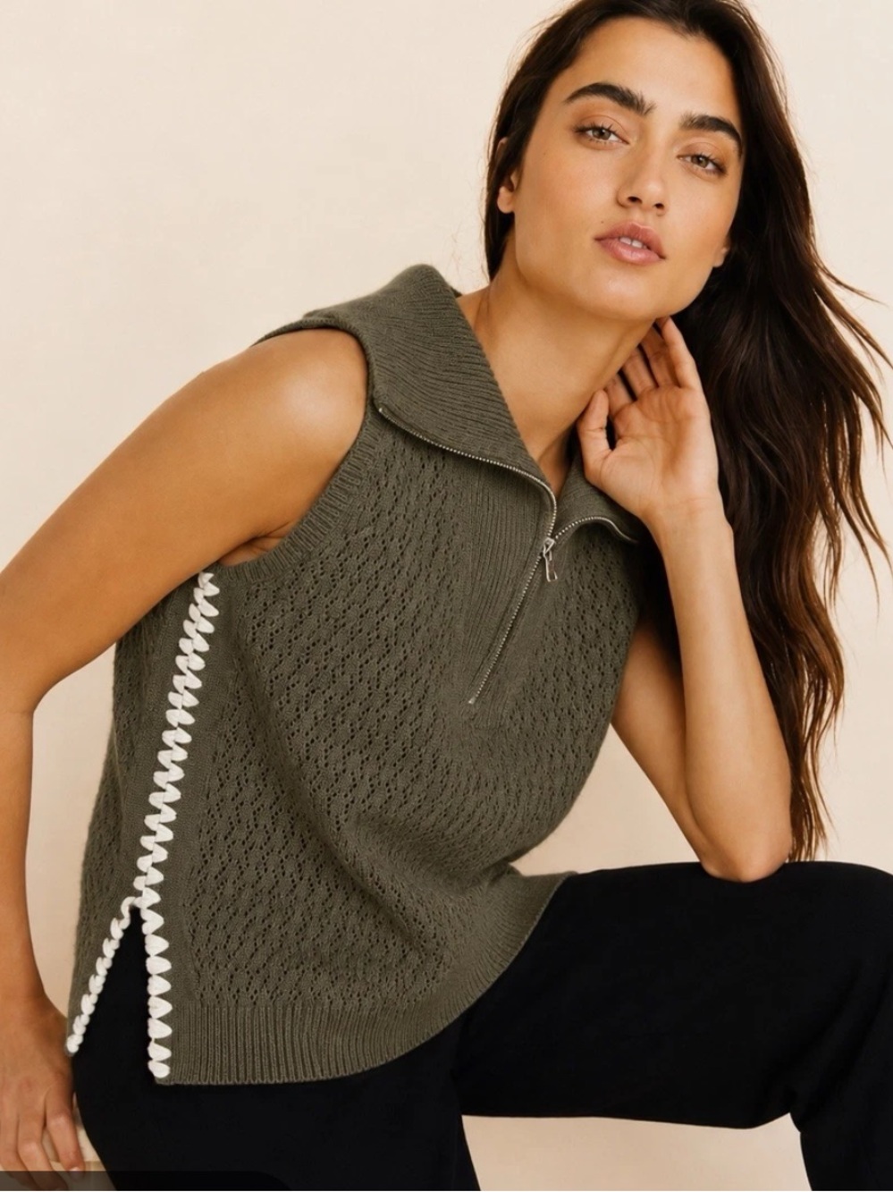 Sleeveless Knit Zip-Front Top in Olive size medium